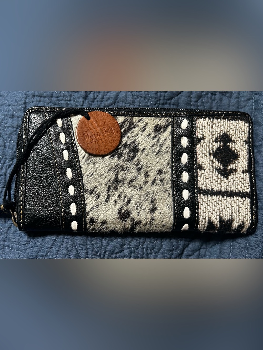Myra Bag Black & White Hair-on-Hide Zip Wallet with Woven Accent